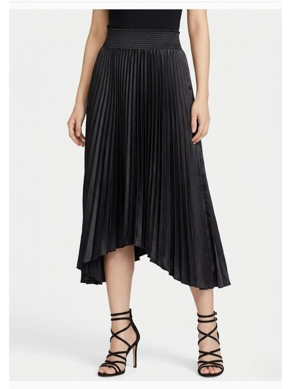 NWT Elie Tahari Asymmetrical Pleated Midi in Noir Black Satin Smocked Skirt M